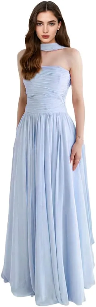 Strapless Evening Dresses for Women Chiffon A-line Draped Prom Party Gown