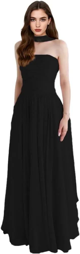 Strapless Evening Dresses for Women Chiffon A-line Draped Prom Party Gown