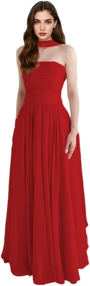 Strapless Evening Dresses for Women Chiffon A-line Draped Prom Party Gown