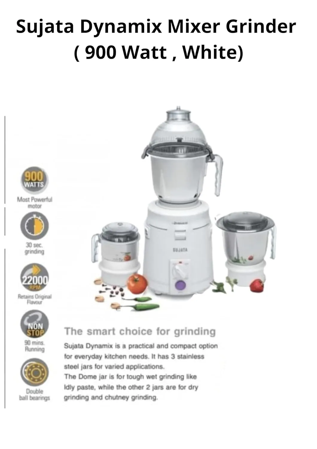 Sujata Dynamix 900-Watt Mixer Grinder | 3 Stainless Steel Jars | 22000 RPM | Wet, Dry & Chutney Grinding | Shock-Proof | White