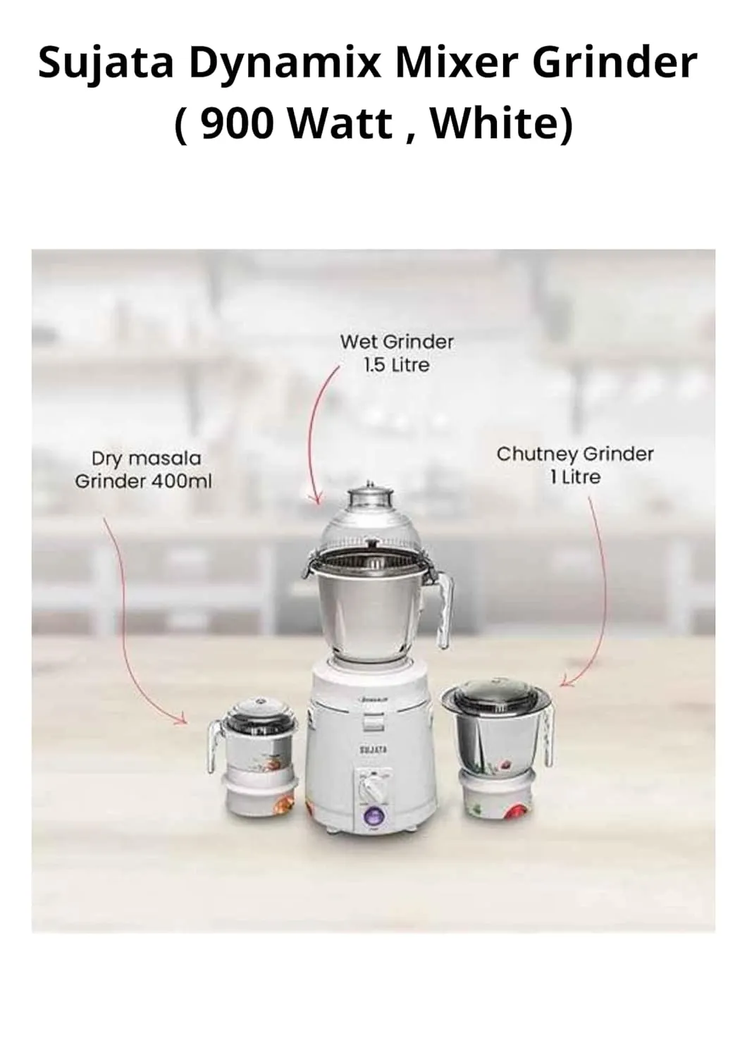 Sujata Dynamix 900-Watt Mixer Grinder | 3 Stainless Steel Jars | 22000 RPM | Wet, Dry & Chutney Grinding | Shock-Proof | White