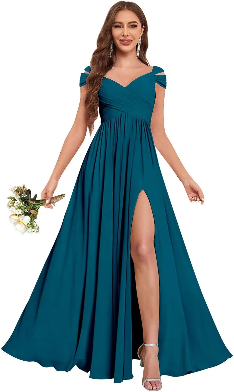 Sukleet Bridesmaid Dresses for Women A-Line Cold Shoulder Pleated Chiffon Formal Party Gowns with Slit Pockets