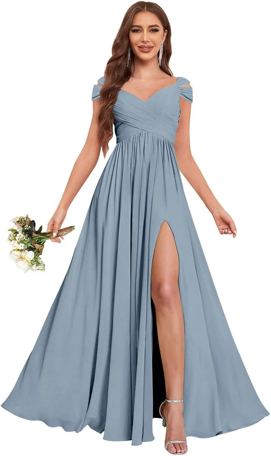 Sukleet Bridesmaid Dresses for Women A-Line Cold Shoulder Pleated Chiffon Formal Party Gowns with Slit Pockets