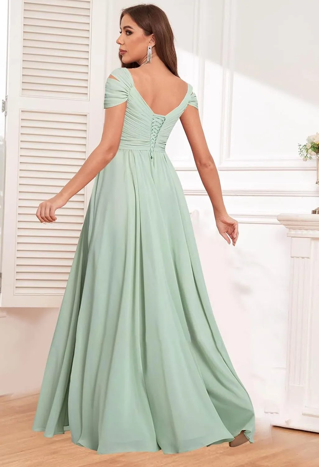 Sukleet Bridesmaid Dresses for Women A-Line Cold Shoulder Pleated Chiffon Formal Party Gowns with Slit Pockets