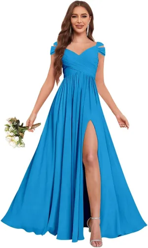Sukleet Bridesmaid Dresses for Women A-Line Cold Shoulder Pleated Chiffon Formal Party Gowns with Slit Pockets