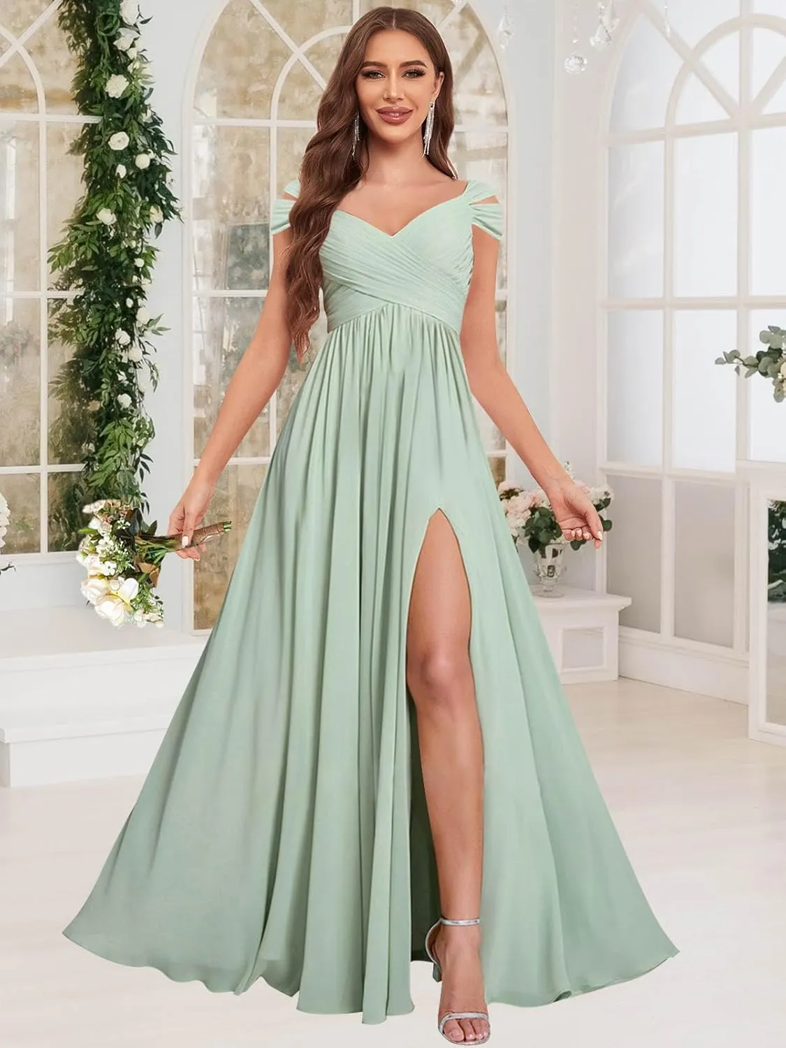 Sukleet Bridesmaid Dresses for Women A-Line Cold Shoulder Pleated Chiffon Formal Party Gowns with Slit Pockets