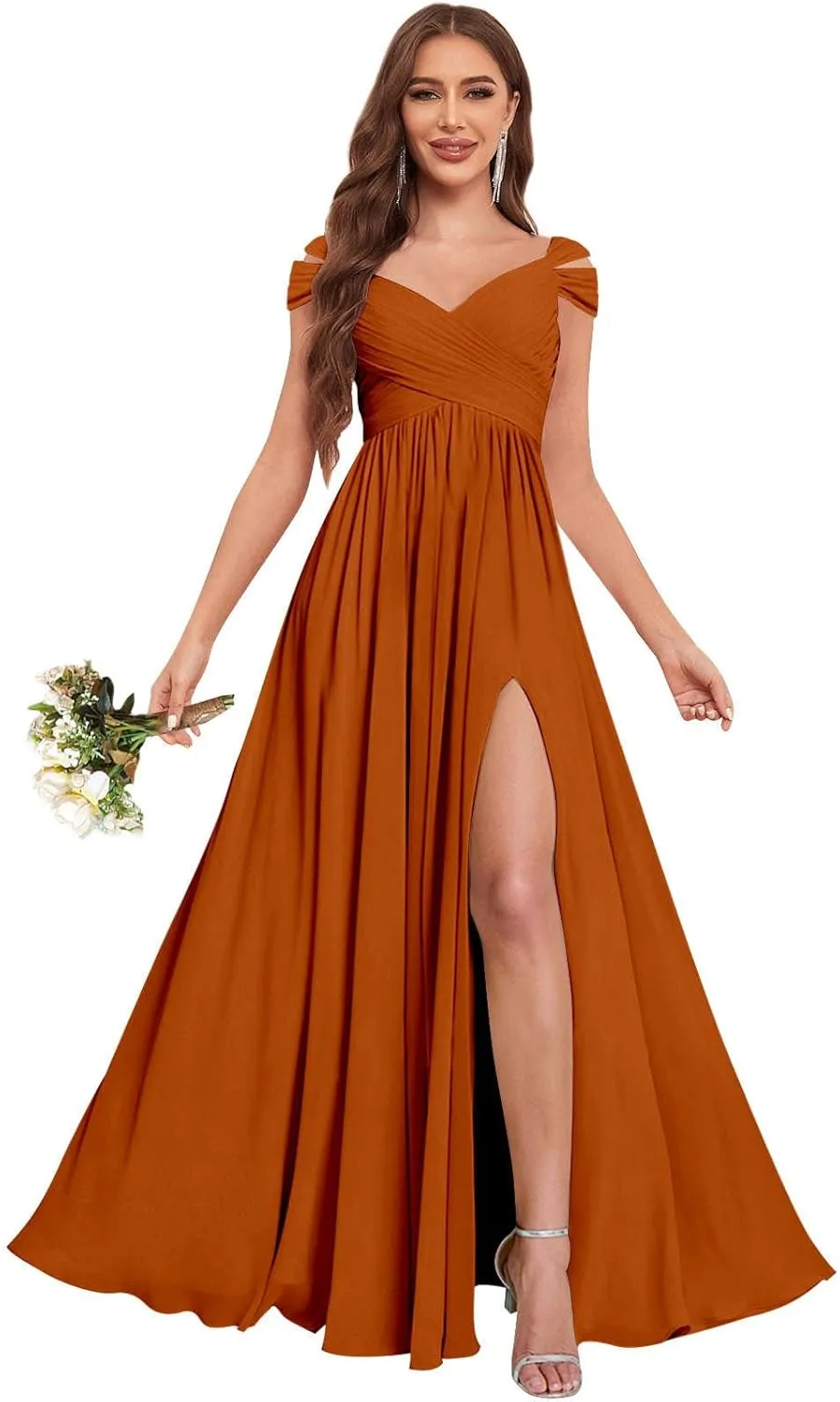 Sukleet Bridesmaid Dresses for Women A-Line Cold Shoulder Pleated Chiffon Formal Party Gowns with Slit Pockets