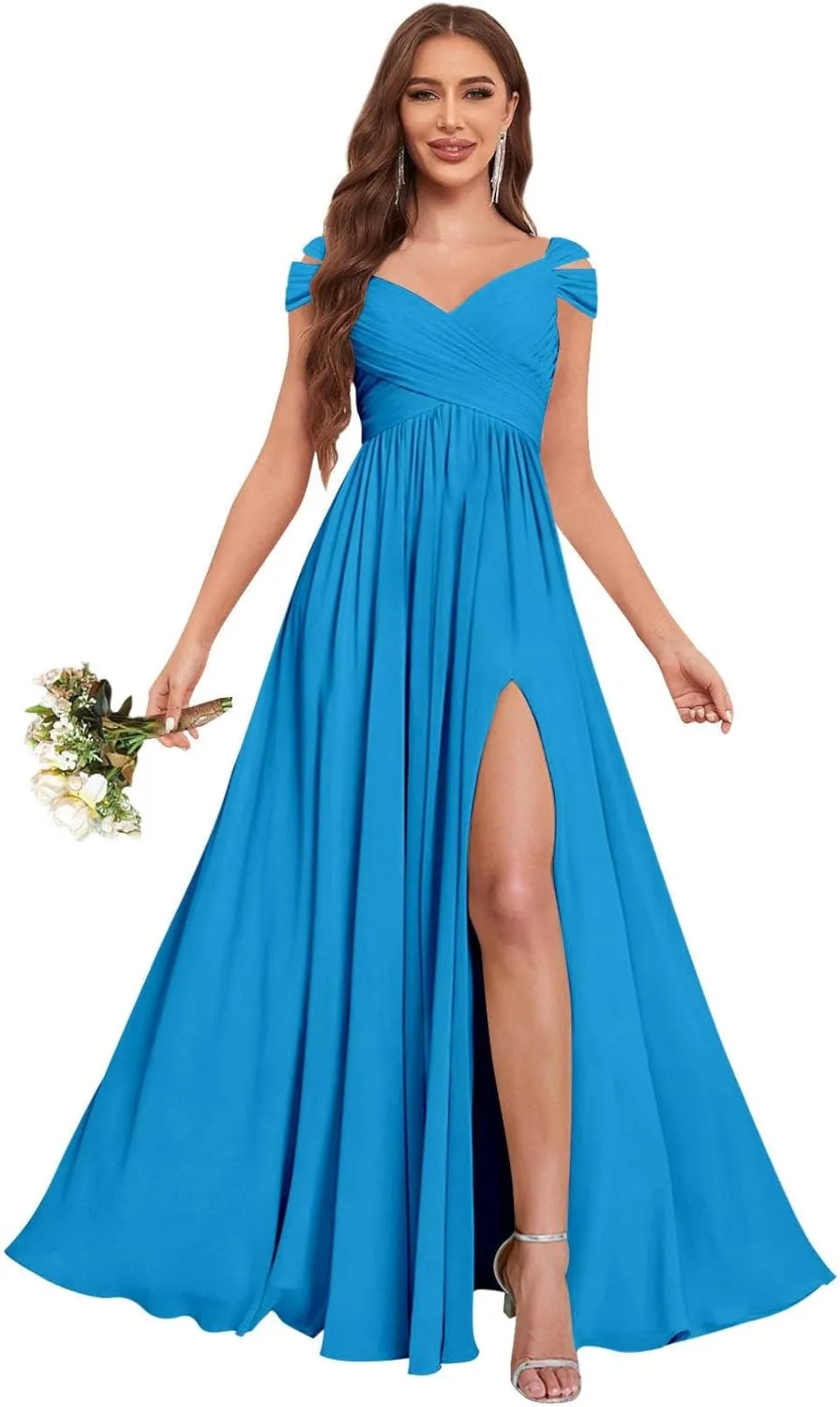 Sukleet Bridesmaid Dresses for Women A-Line Cold Shoulder Pleated Chiffon Formal Party Gowns with Slit Pockets
