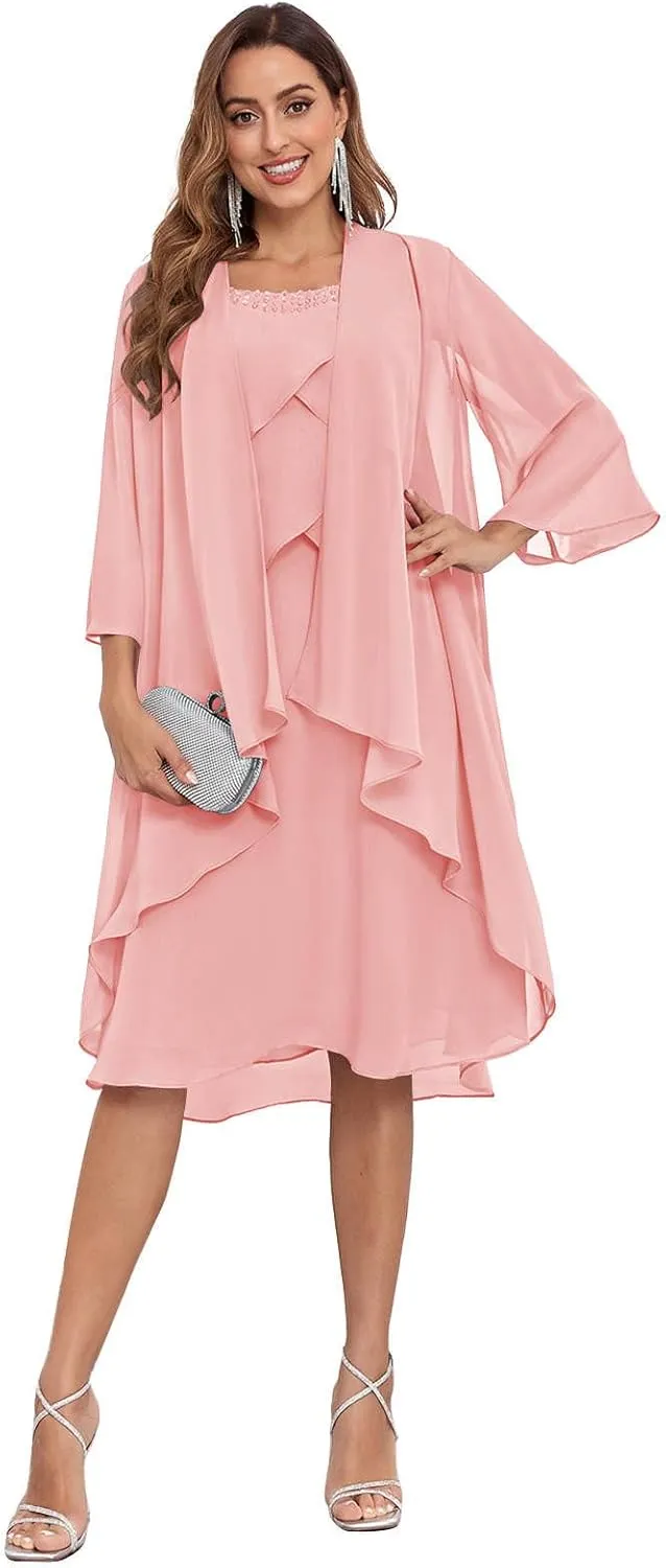 Sukleet Women's 2 Pieces Mother of the Bride Dresses with Jacket Ruffles Chiffon Short Formal Cocktail Dress