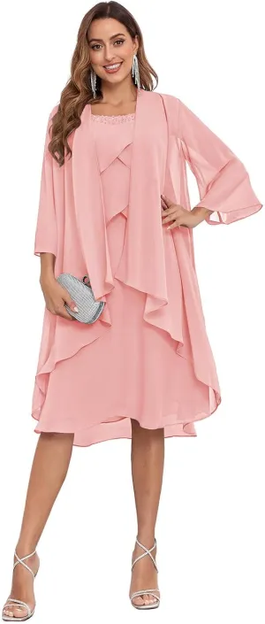 Sukleet Women's 2 Pieces Mother of the Bride Dresses with Jacket Ruffles Chiffon Short Formal Cocktail Dress