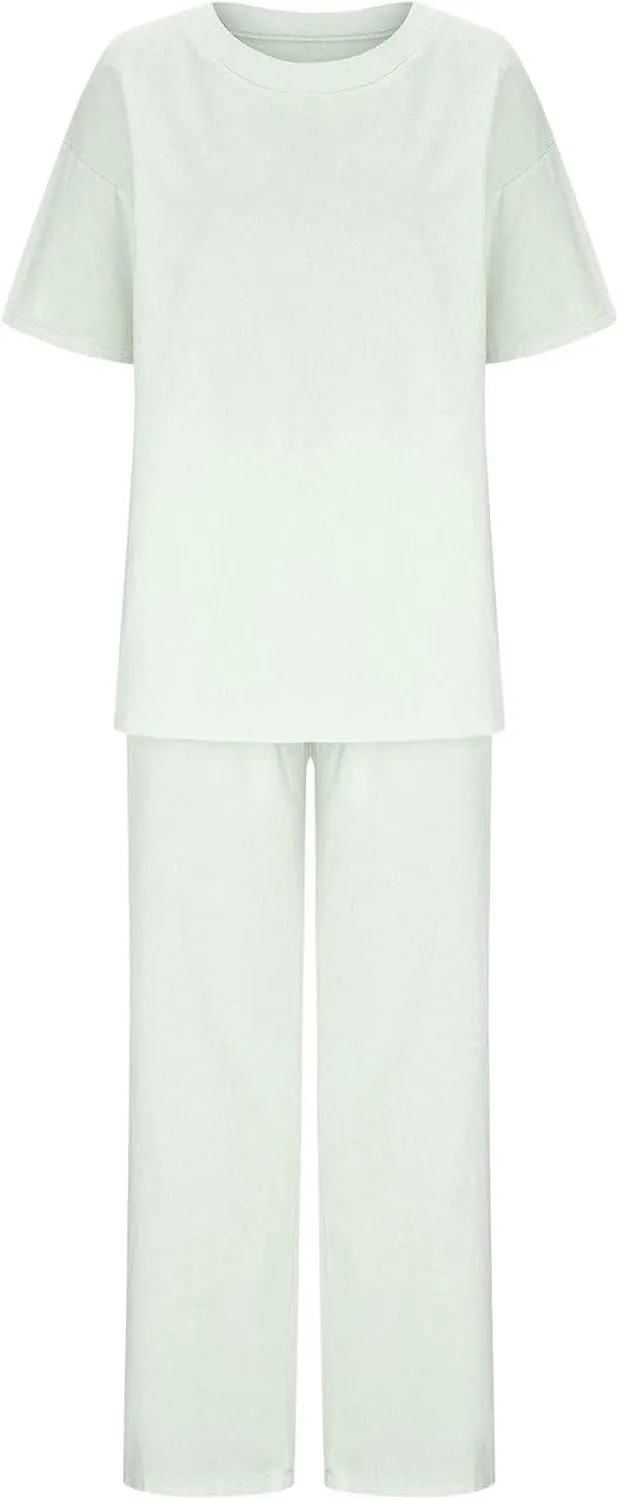 Summer 2 Piece Outfits for Women Cotton Linen Set Boyfriend Oversized T Shirts Wide Leg Pants Summer Beach Tracksuit