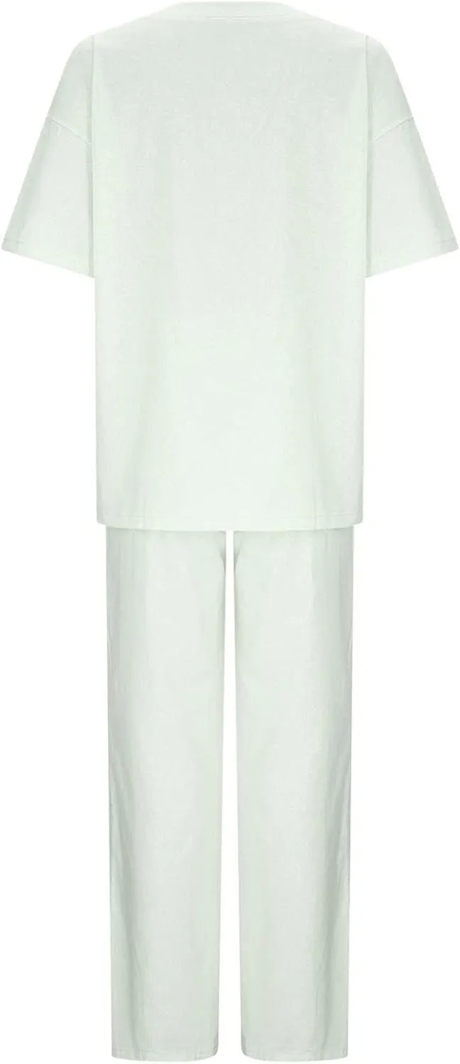 Summer 2 Piece Outfits for Women Cotton Linen Set Boyfriend Oversized T Shirts Wide Leg Pants Summer Beach Tracksuit