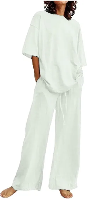 Summer 2 Piece Outfits for Women Cotton Linen Set Boyfriend Oversized T Shirts Wide Leg Pants Summer Beach Tracksuit