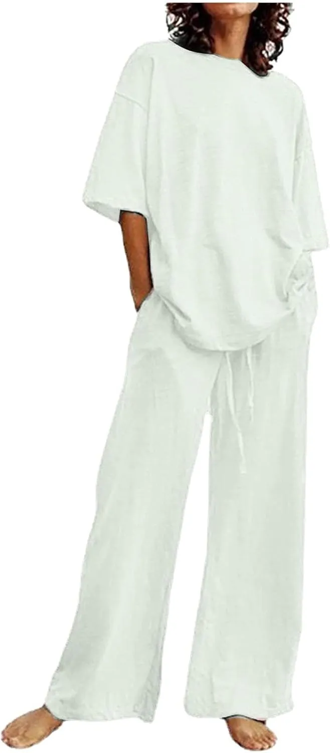 Summer 2 Piece Outfits for Women Cotton Linen Set Boyfriend Oversized T Shirts Wide Leg Pants Summer Beach Tracksuit