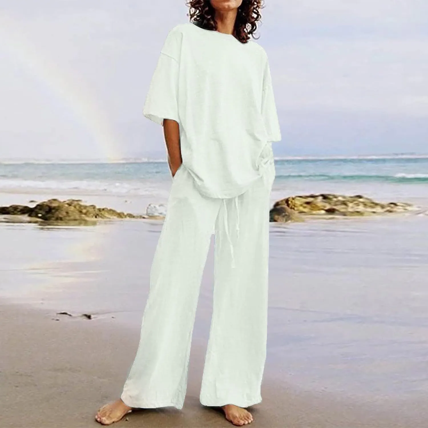 Summer 2 Piece Outfits for Women Cotton Linen Set Boyfriend Oversized T Shirts Wide Leg Pants Summer Beach Tracksuit
