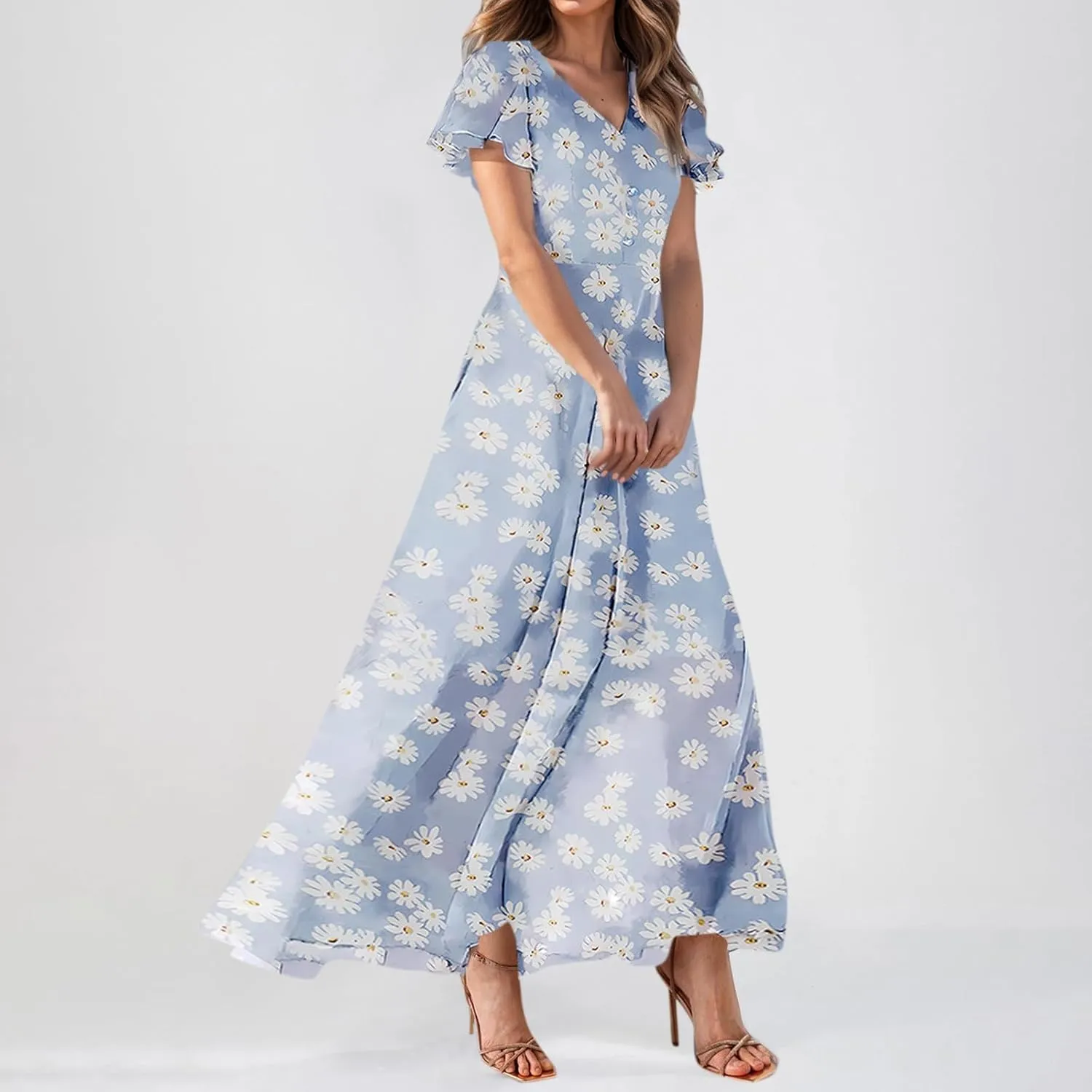 Summer Dress for Women 2025,Swing Flowy Ruffle Hem Casual Chiffon Beach Dresses
