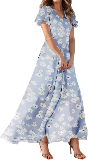 Summer Dress for Women 2025,Swing Flowy Ruffle Hem Casual Chiffon Beach Dresses