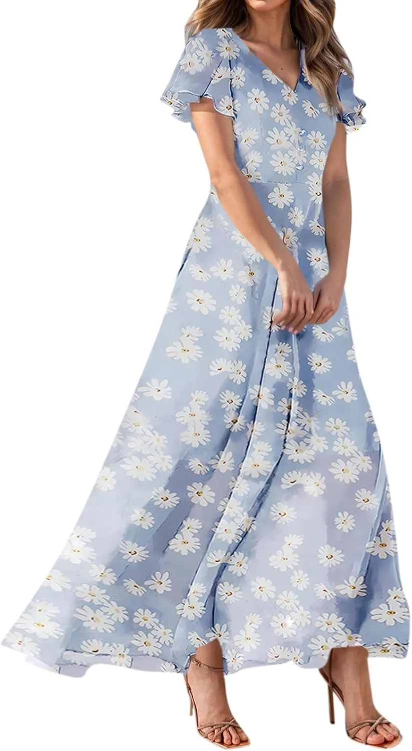 Summer Dress for Women 2025,Swing Flowy Ruffle Hem Casual Chiffon Beach Dresses