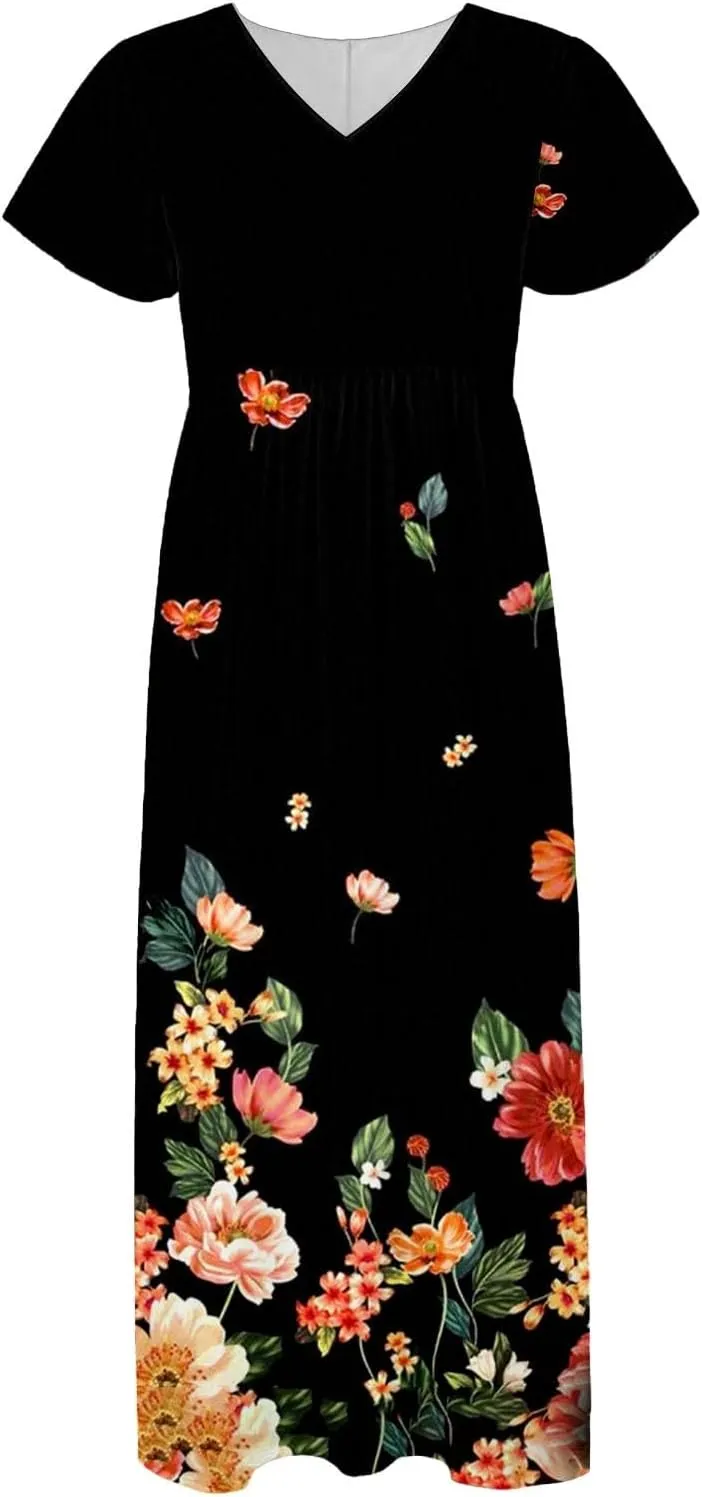 Summer Dresses for Women 2025 Floral V Neck Wrap Short Sleeve Dress Flowy Ruffle Elegant Casual Wedding Guest Dresses
