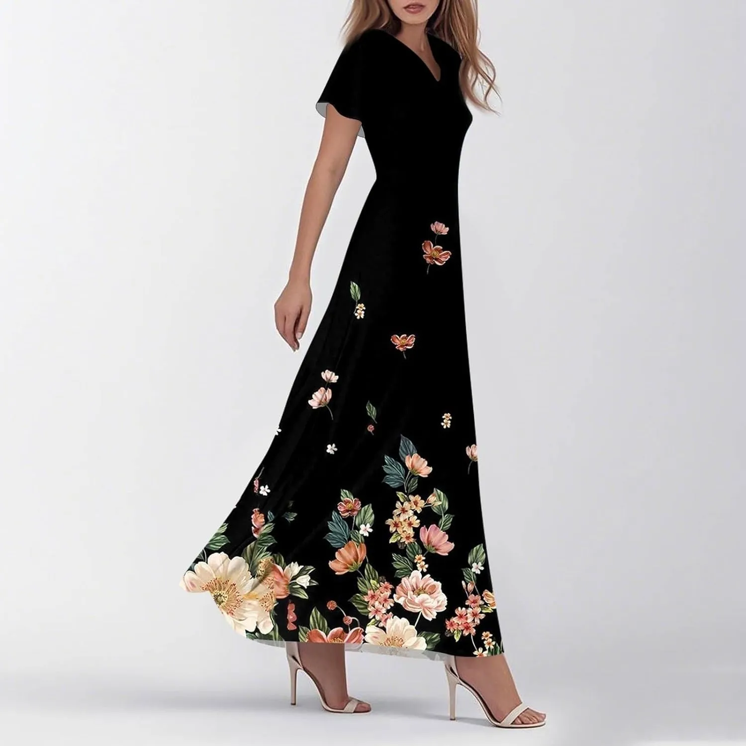 Summer Dresses for Women 2025 Floral V Neck Wrap Short Sleeve Dress Flowy Ruffle Elegant Casual Wedding Guest Dresses