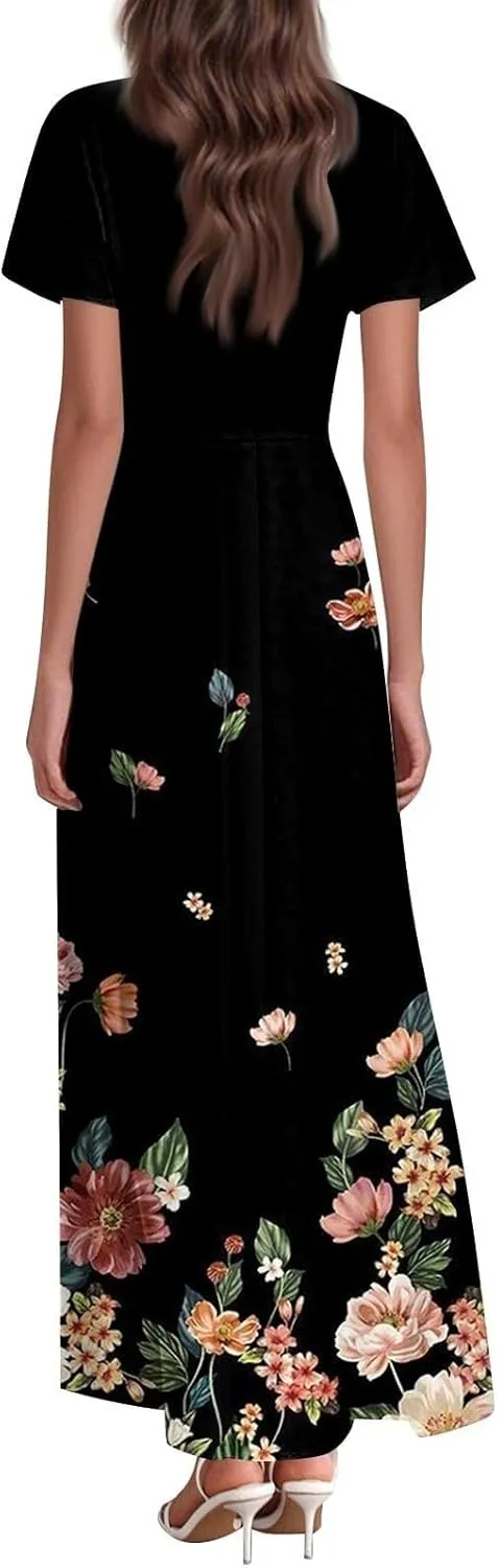 Summer Dresses for Women 2025 Floral V Neck Wrap Short Sleeve Dress Flowy Ruffle Elegant Casual Wedding Guest Dresses