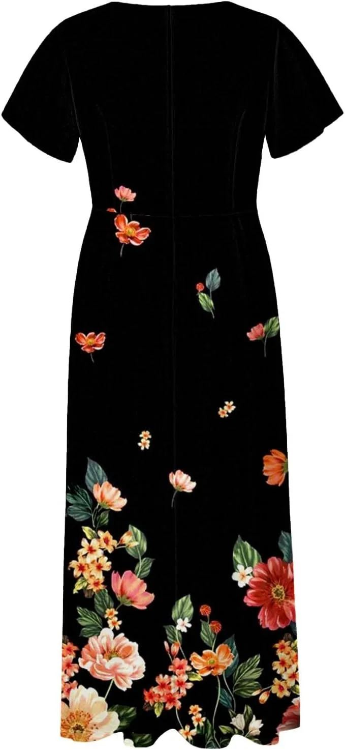 Summer Dresses for Women 2025 Floral V Neck Wrap Short Sleeve Dress Flowy Ruffle Elegant Casual Wedding Guest Dresses