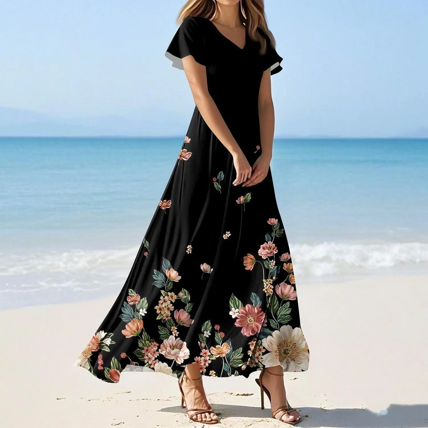 Summer Dresses for Women 2025 Floral V Neck Wrap Short Sleeve Dress Flowy Ruffle Elegant Casual Wedding Guest Dresses