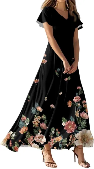 Summer Dresses for Women 2025 Floral V Neck Wrap Short Sleeve Dress Flowy Ruffle Elegant Casual Wedding Guest Dresses