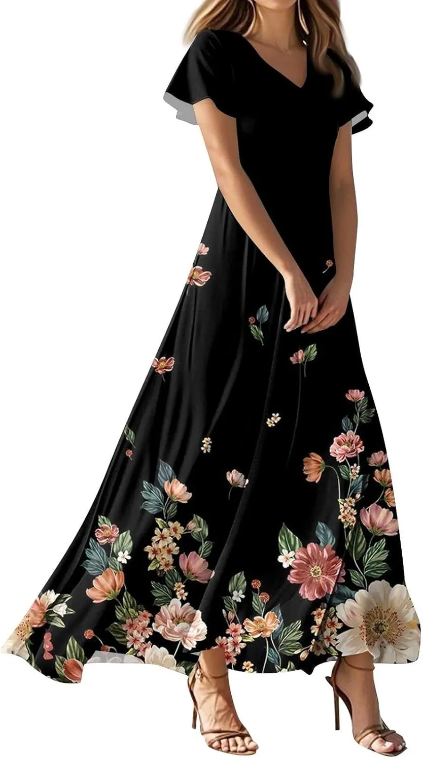 Summer Dresses for Women 2025 Floral V Neck Wrap Short Sleeve Dress Flowy Ruffle Elegant Casual Wedding Guest Dresses