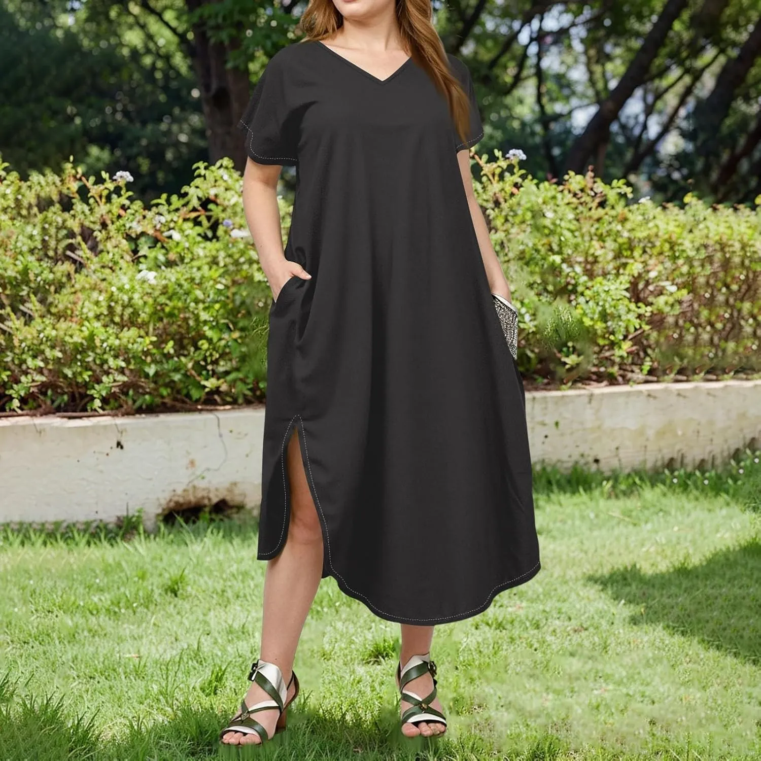 Summer Dresses for Women 2025 Maxi Split Hem Short Sleeve Beachy Dresses with Pockets Trendy Resort V-Neck Outfits