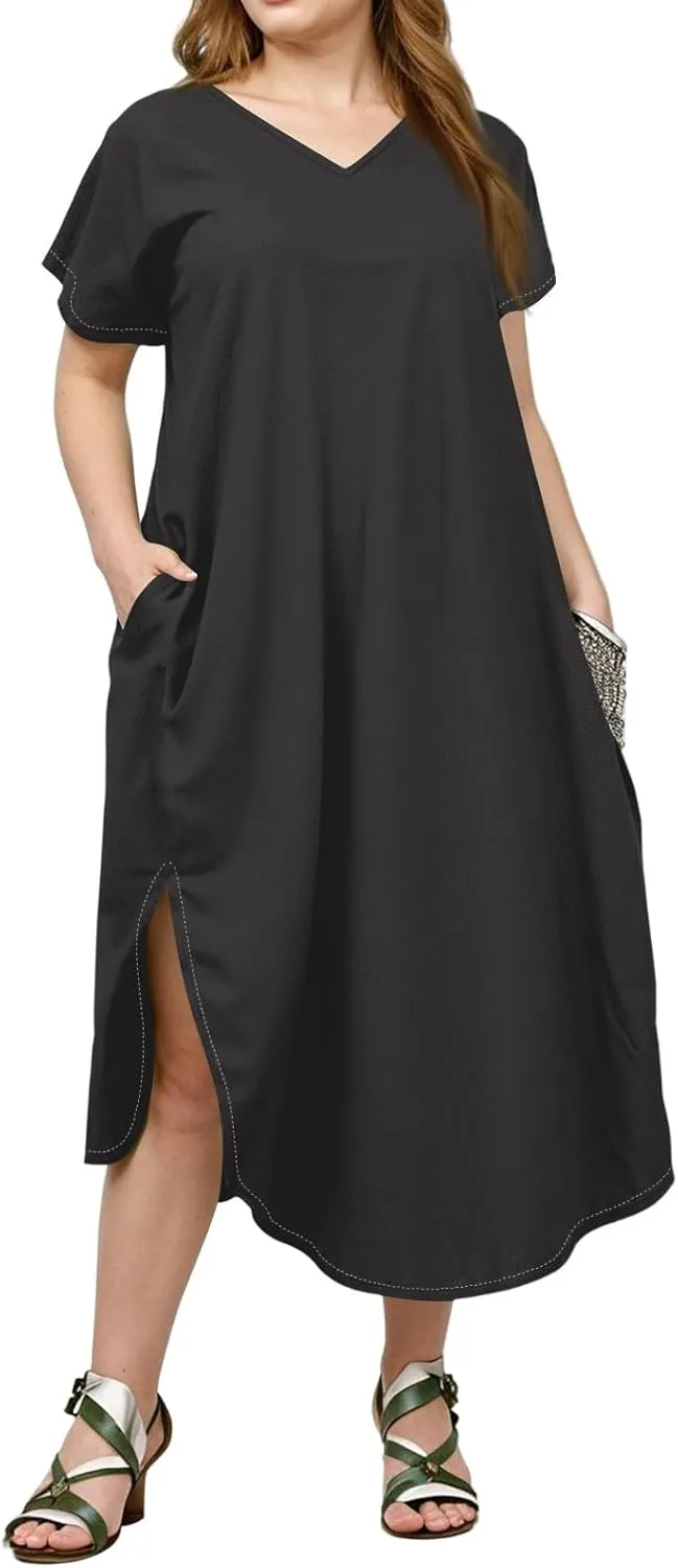 Summer Dresses for Women 2025 Maxi Split Hem Short Sleeve Beachy Dresses with Pockets Trendy Resort V-Neck Outfits