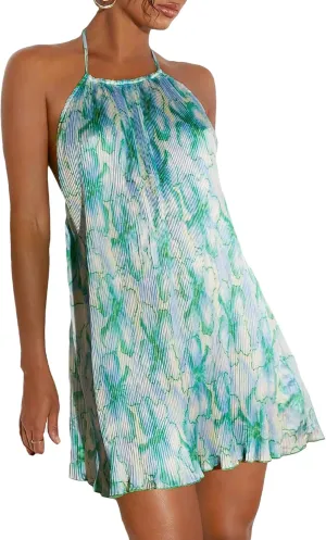 SweatyRocks Women's Allover Print Backless Halter Dress Sleeveless Straight Hem Mini Dresses
