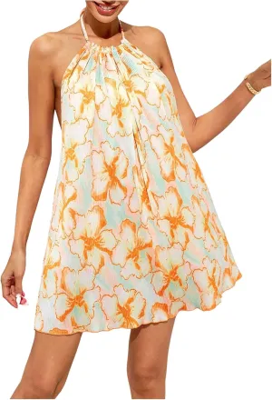 SweatyRocks Women's Allover Print Backless Halter Dress Sleeveless Straight Hem Mini Dresses
