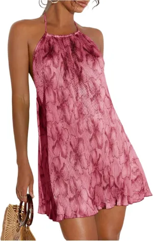 SweatyRocks Women's Allover Print Backless Halter Dress Sleeveless Straight Hem Mini Dresses