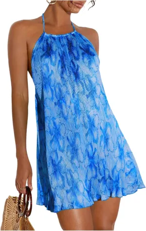 SweatyRocks Women's Allover Print Backless Halter Dress Sleeveless Straight Hem Mini Dresses