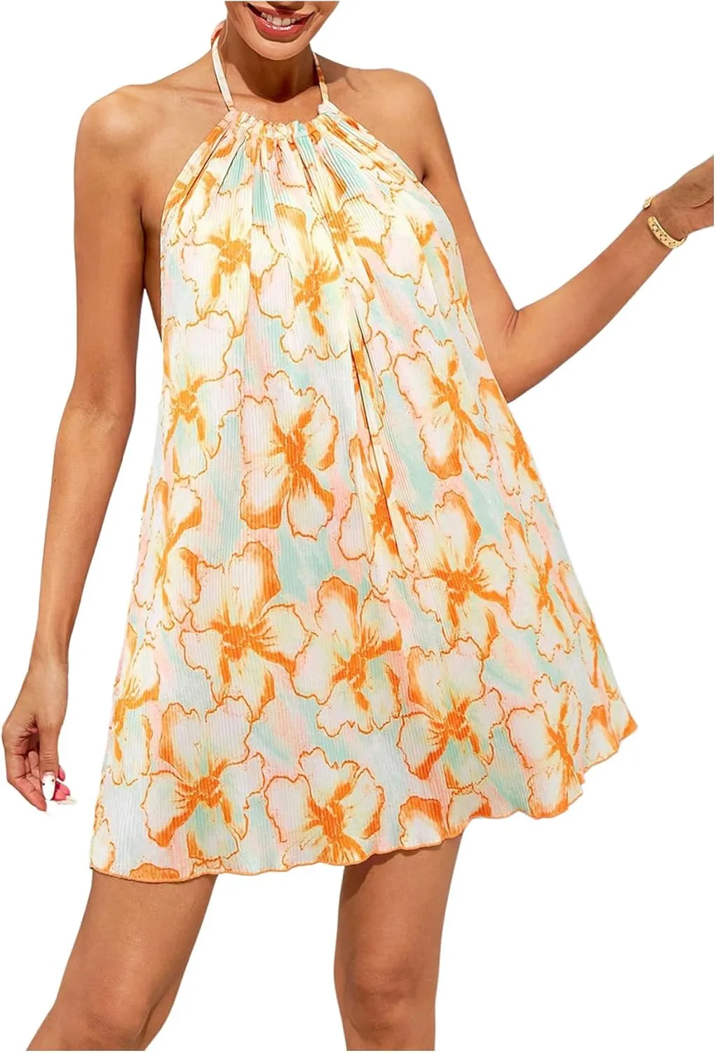 SweatyRocks Women's Allover Print Backless Halter Dress Sleeveless Straight Hem Mini Dresses