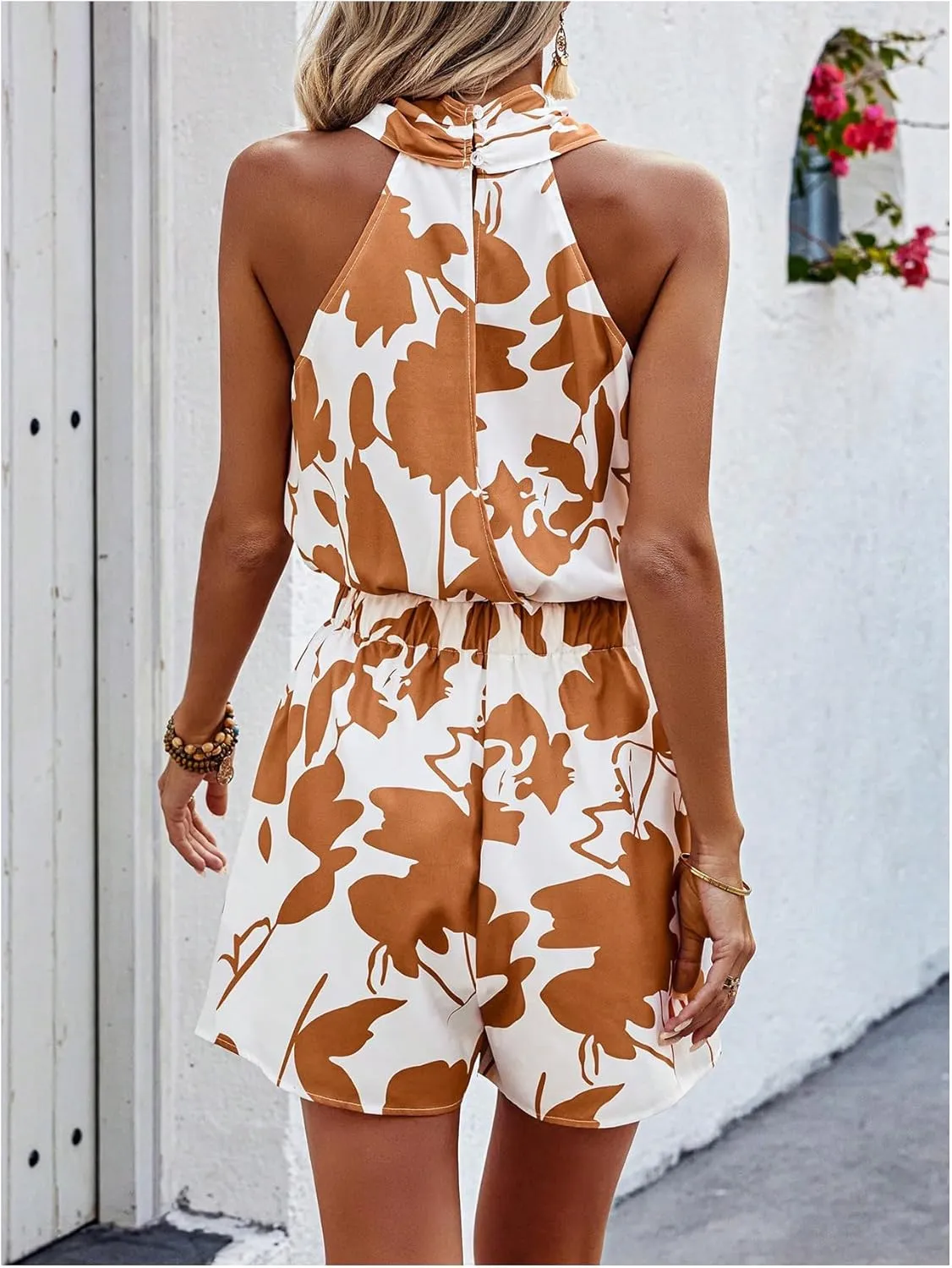SweatyRocks Women's Boho Floral Print Halter Romper Sleeveless Criss Cross Front Short Jumpsuit