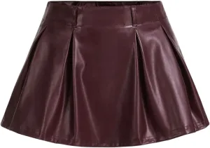 SweatyRocks Women's PU Leather A Line Mini Skirt Flared Hem Pleated Skirts with Shorts