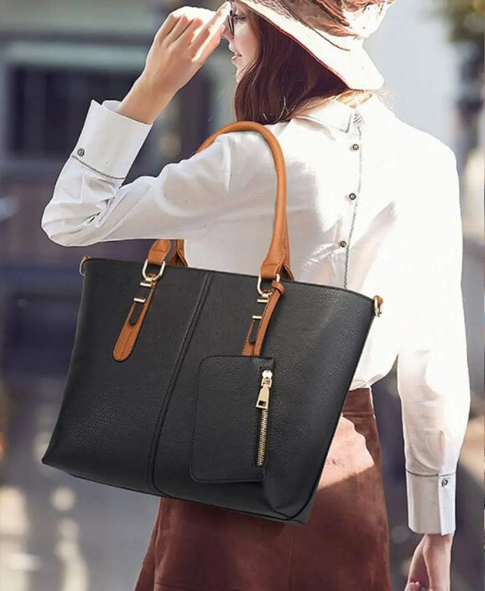Synthetic PU Leather Tote for Women Satchel Crossbody Hobo 4pcs Handbags Shoulder Messenger Color Contrast Tassel