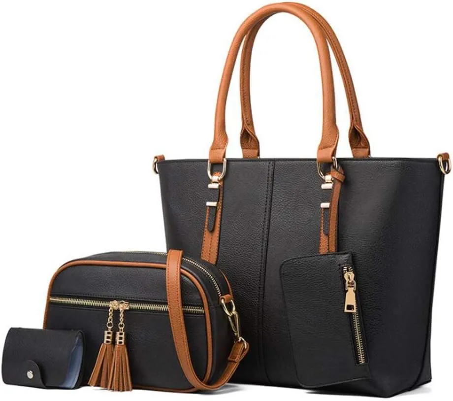 Synthetic PU Leather Tote for Women Satchel Crossbody Hobo 4pcs Handbags Shoulder Messenger Color Contrast Tassel