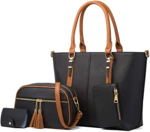 Synthetic PU Leather Tote for Women Satchel Crossbody Hobo 4pcs Handbags Shoulder Messenger Color Contrast Tassel