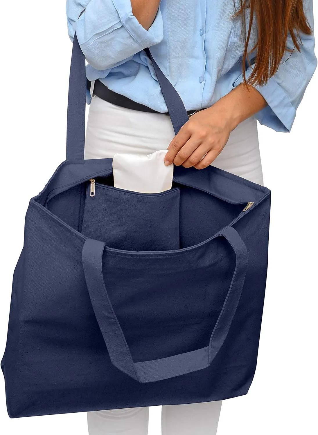 TBF Heavy Canvas Large Tote Bag with Zippered Closure for Beach, Grocery Shopping, Travel Bags