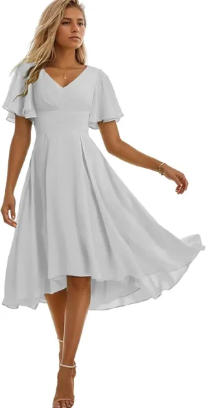 Tea Length Bridesmaid Dresses for Women High Low Formal Dress with Sleeves Chiffon Evening Gown