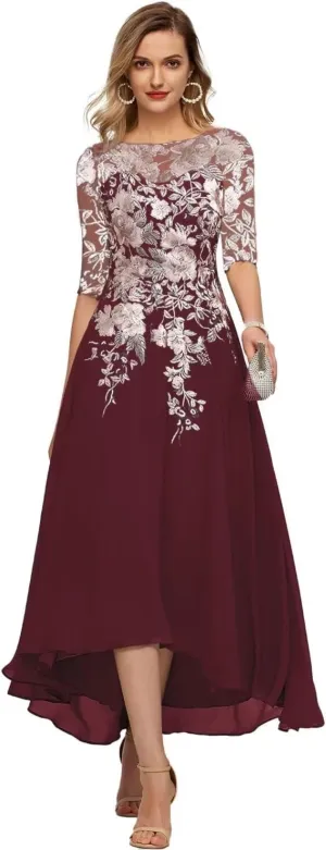 Tea Length Mother of The Bride Dresses Embroidery Chiffon Appliques Half Sleeves Formal Evening Dress A Line