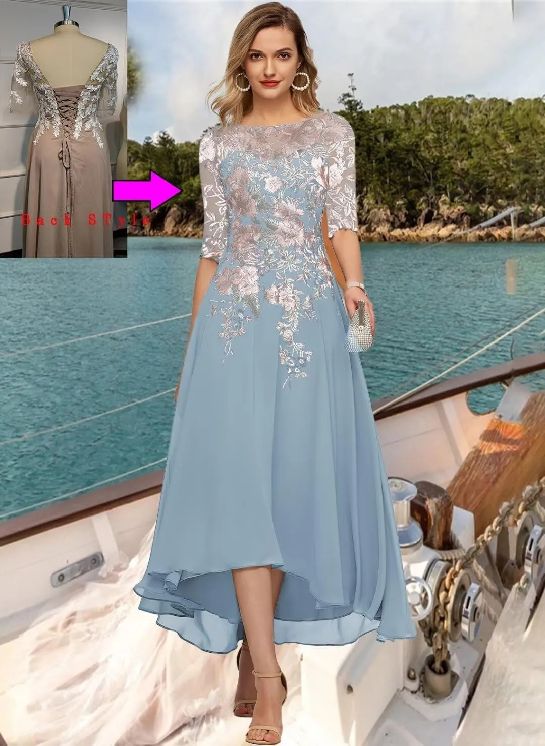 Tea Length Mother of The Bride Dresses Embroidery Chiffon Appliques Half Sleeves Formal Evening Dress A Line