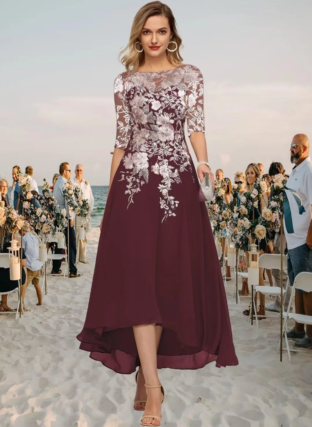 Tea Length Mother of The Bride Dresses Embroidery Chiffon Appliques Half Sleeves Formal Evening Dress A Line