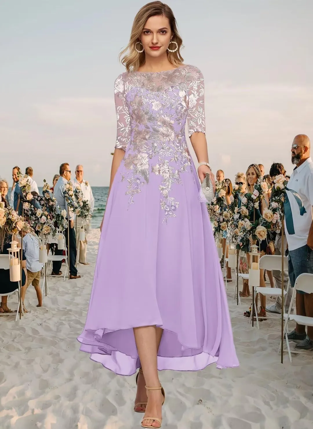 Tea Length Mother of The Bride Dresses Embroidery Chiffon Appliques Half Sleeves Formal Evening Dress A Line