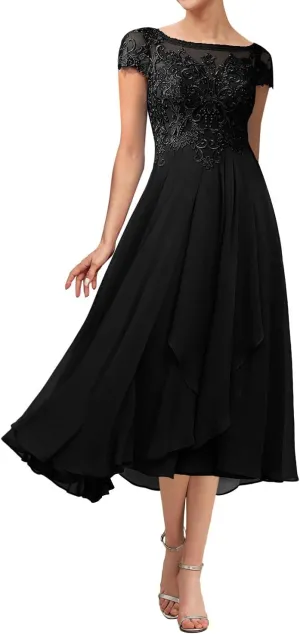 Tea Length Mother of The Bride Dresses for Wedding Lace Wedding Guest Dresses for Women Applique Ruffles Cap Sleeve