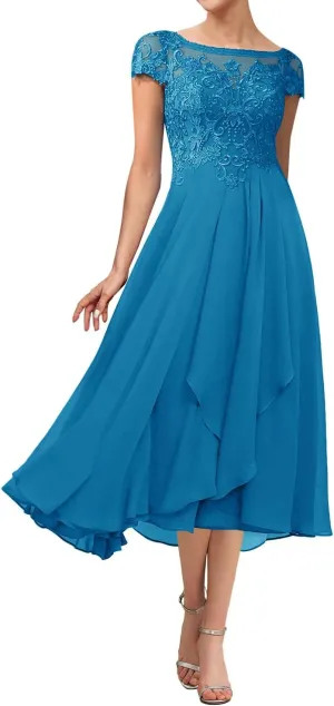Tea Length Mother of The Bride Dresses for Wedding Lace Wedding Guest Dresses for Women Applique Ruffles Cap Sleeve