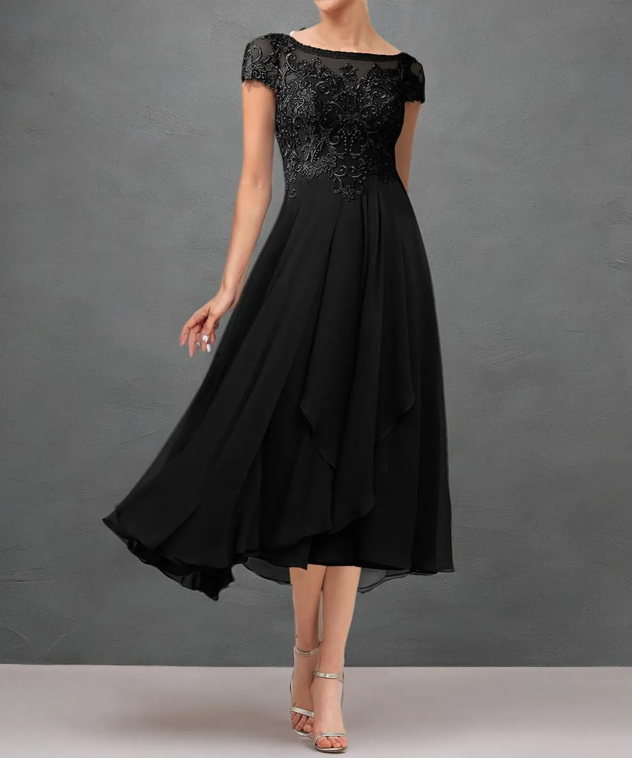 Tea Length Mother of The Bride Dresses for Wedding Lace Wedding Guest Dresses for Women Applique Ruffles Cap Sleeve
